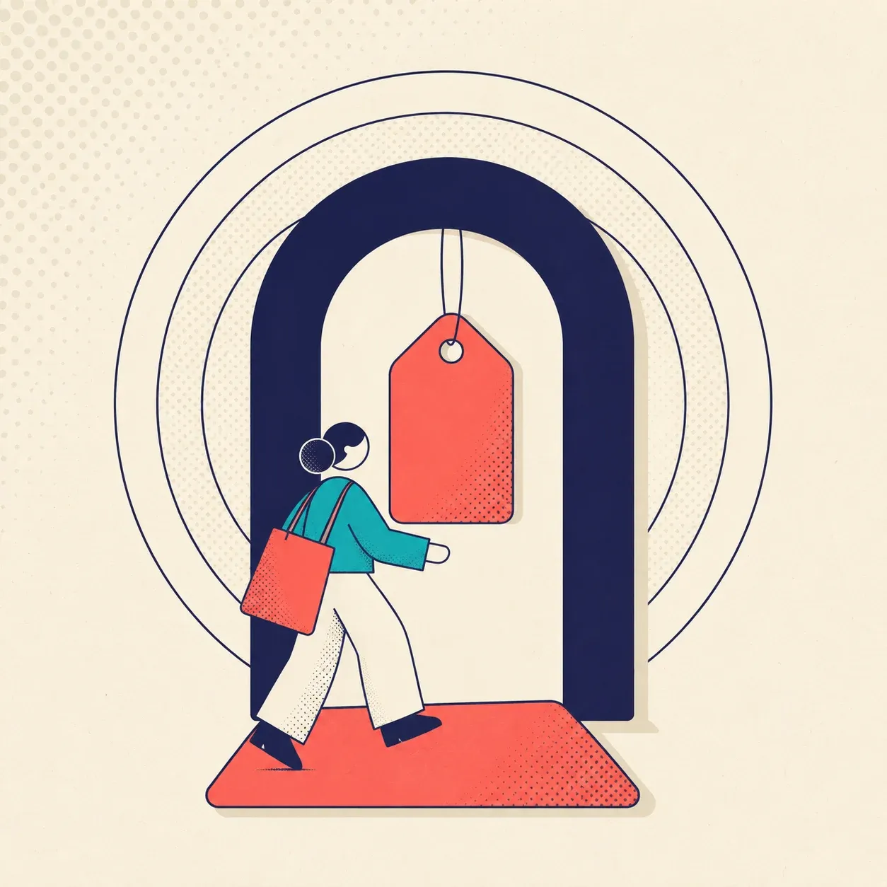 Flat illustration of a new shopper stepping through a welcome doorway toward a discount tag