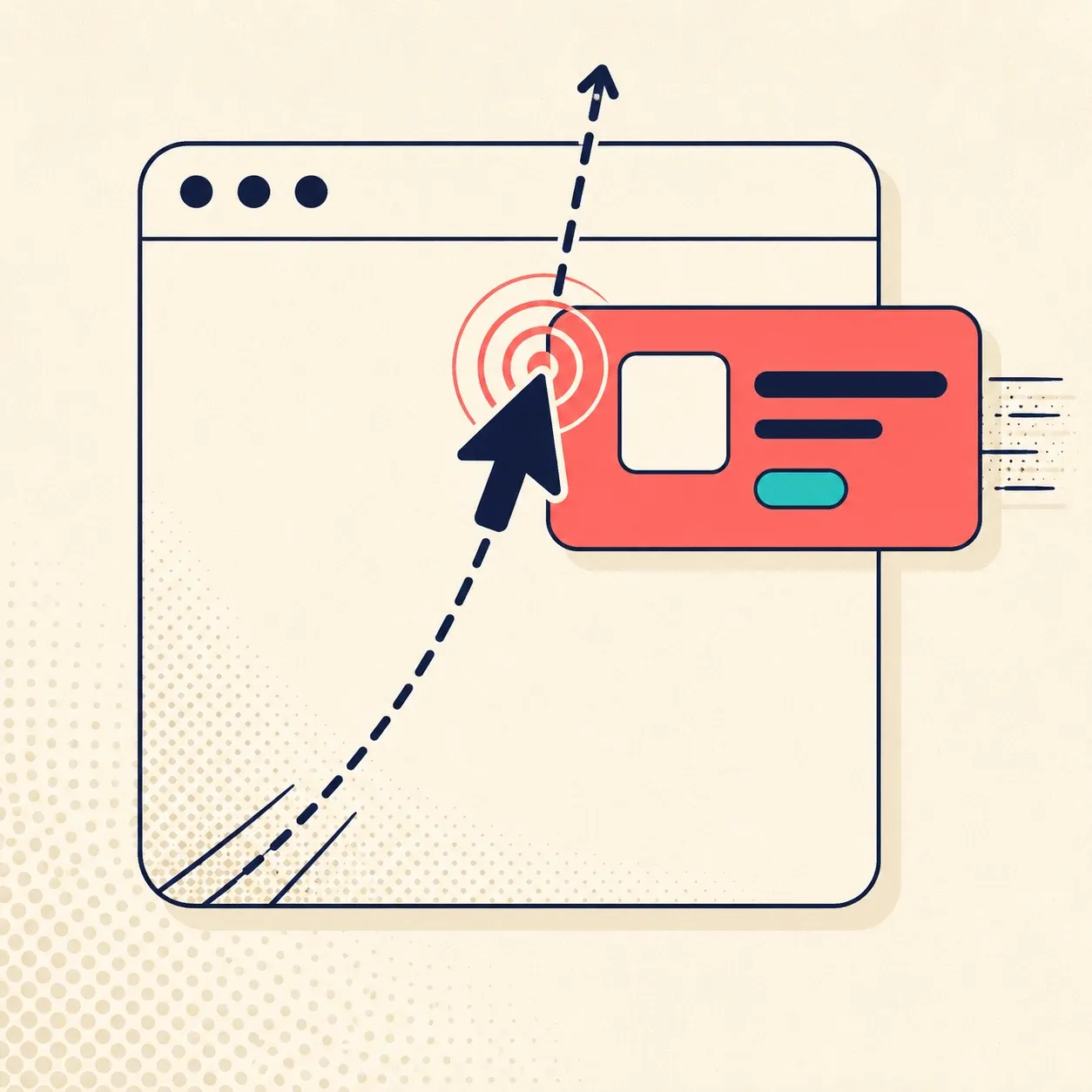 Flat illustration of a coral exit-intent popup intercepting a leaving shopper’s cursor on a browser window