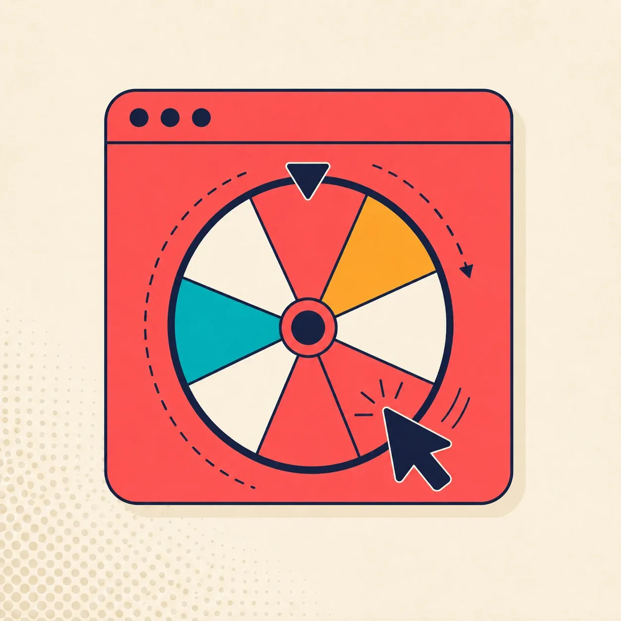 Flat illustration of a popup containing a spin-the-wheel game caught mid-spin