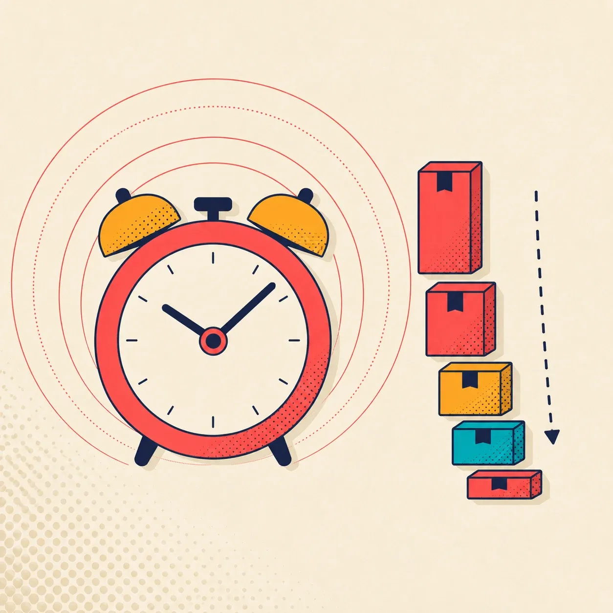 Flat illustration of an alarm clock beside a shrinking stack of products, showing scarcity and urgency