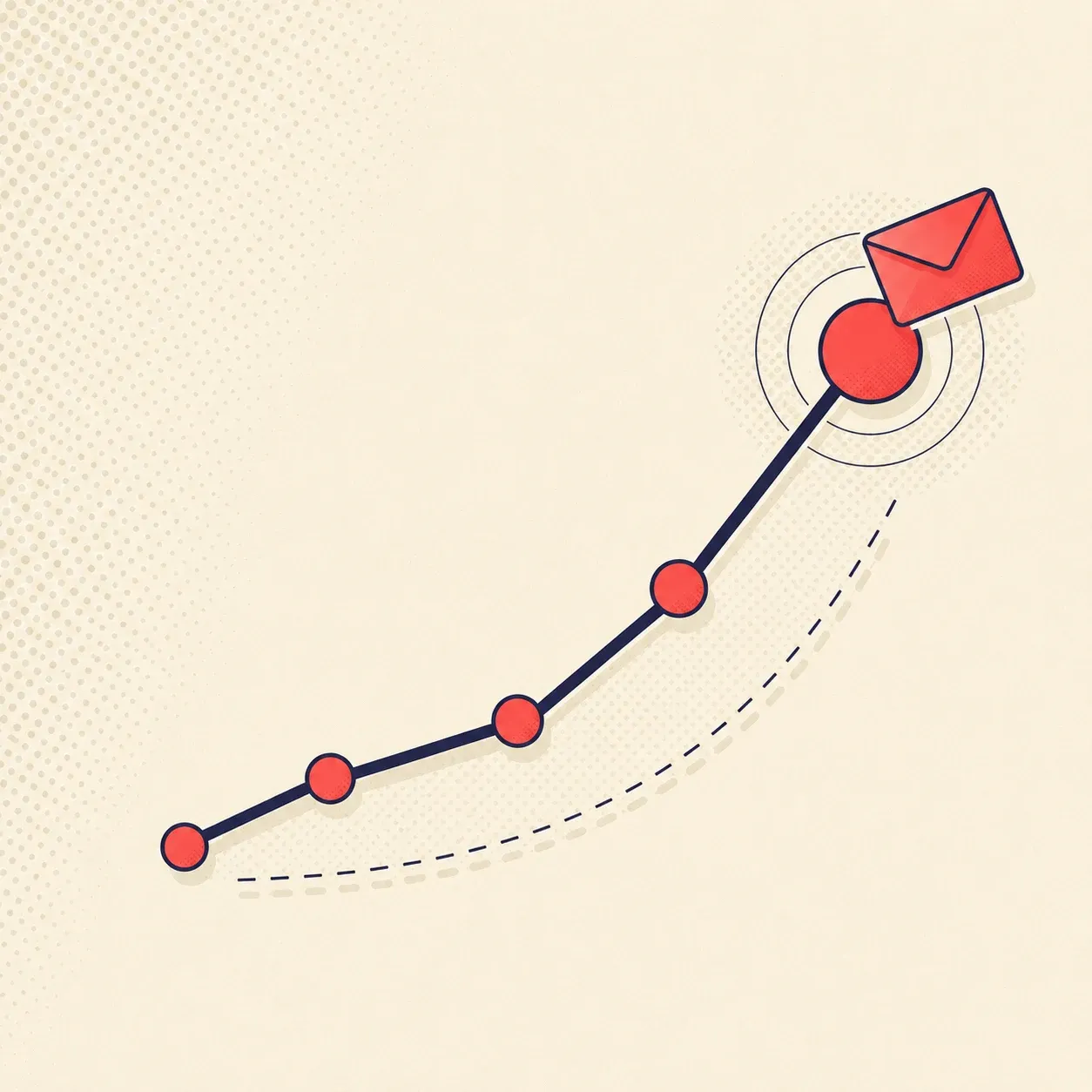 Flat illustration of a steep upward chart of email signups peaking with an envelope