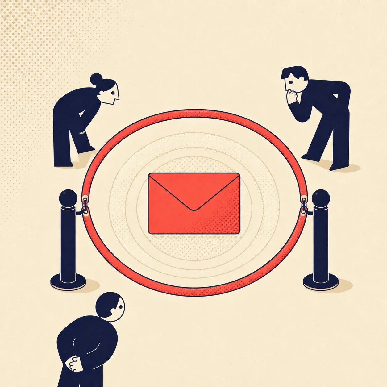 Flat illustration of an exclusive subscriber circle marked by a velvet rope around an email envelope