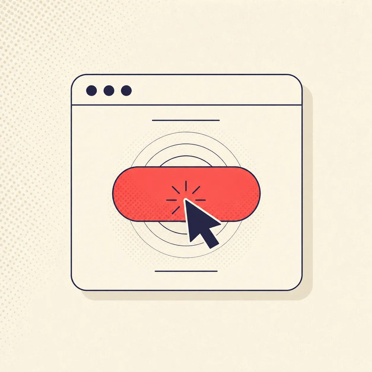Flat illustration of a popup with one clear coral call-to-action button being clicked