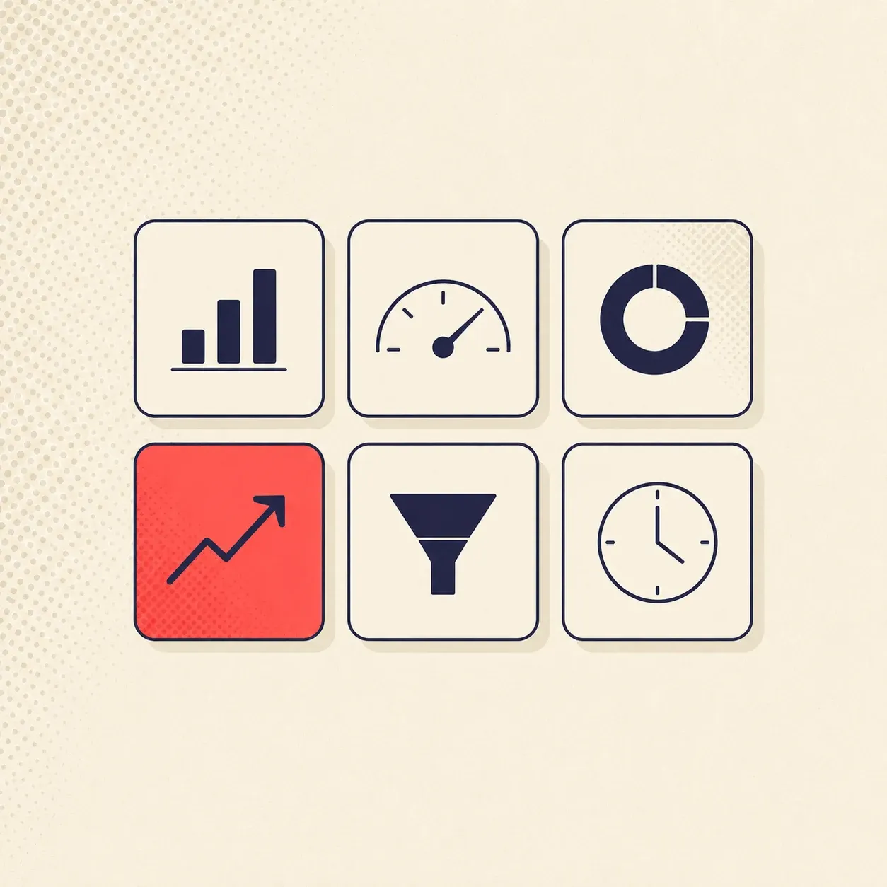 Flat illustration of a six-tile grid of popup analytics metric icons