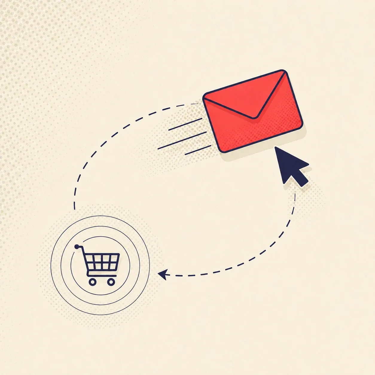 Flat illustration of a recovery email boomeranging back toward an abandoned shopping cart
